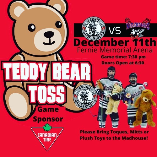🚨 REMINDER 🚨 

After a 4-1 victory vs the Thundercats last night, the @kijhlghostriders welcome the @bvnitehawks to the Madhouse! It’s Teddy Bear Toss night presented by @canadiantire Fernie!! Bring a plush toy or a toque and mitts to toss on the ice! See you at the rink! #AlwaysRideTogether