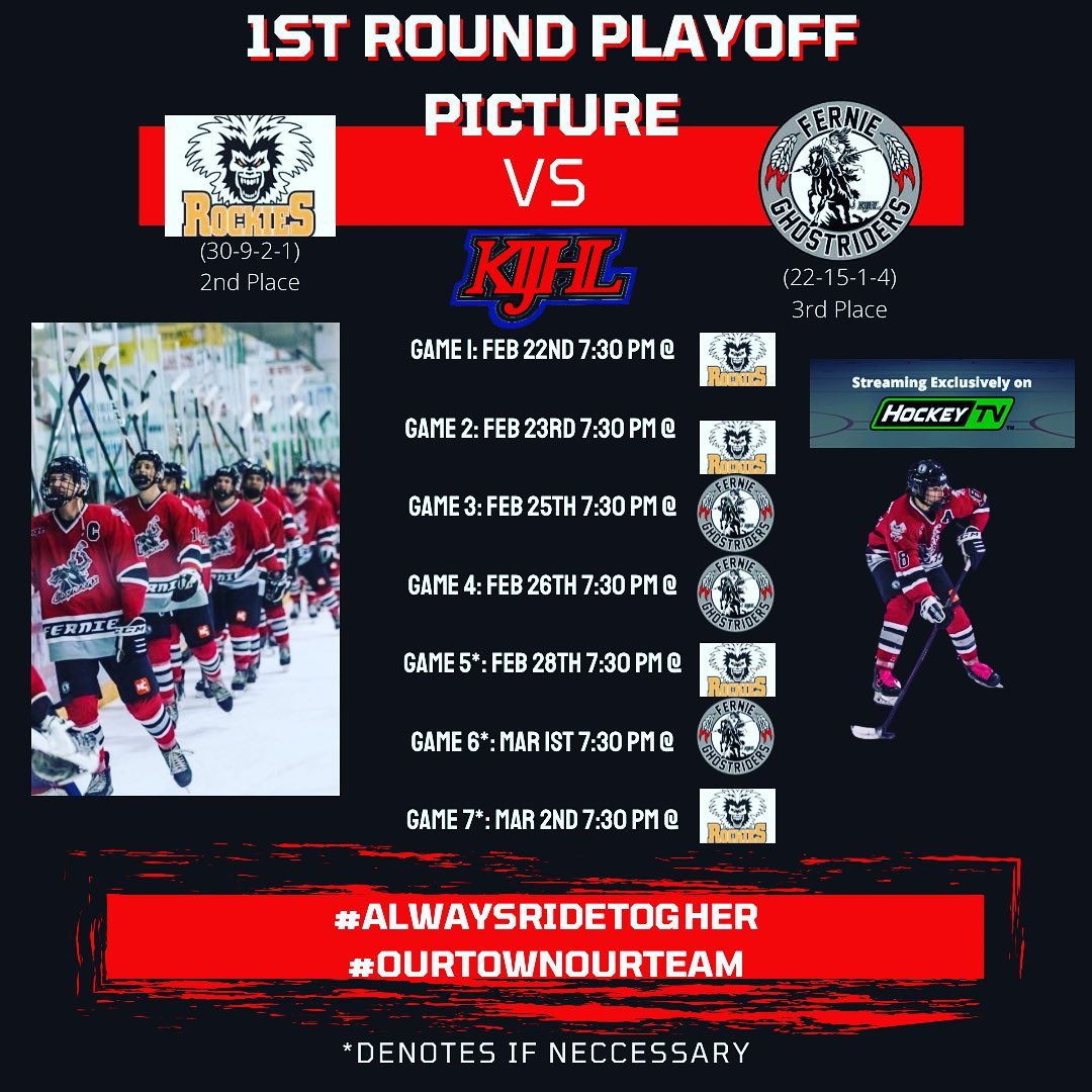 🚨 PLAYOFFS 🚨 

The @kijhlghostriders are in Invermere tonight for game one of the best of seven series vs. @cvrockies . Dates below for our series! Make sure to tune in to @myhockeytv to watch games one and two tonight and tomorrow in Invermere.

Catch Games three and four live at the #MadhouseMemorial this Friday and Saturday! 

This is #ourteamourtown !  Let’s show our Ghostrider pride while we battle the Rockies in the first round! #alwaysridetogether #fernie #kijhl