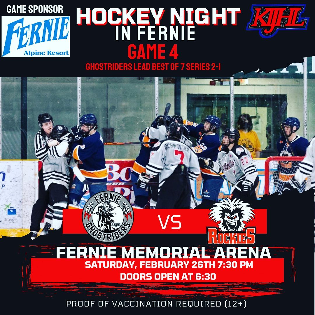 🚨 PLAYOFF GAME DAY 🚨 

After a gutsy comeback win last night by the Riders, game 4 between the Ghostriders and Rockies goes tonight! So after you’re done at game sponsor @ferniealpineresort - come and help pack the #MadhouseMemorial for game four of the best of seven! Come support #ourteamourtown #AlwaysRideTogether